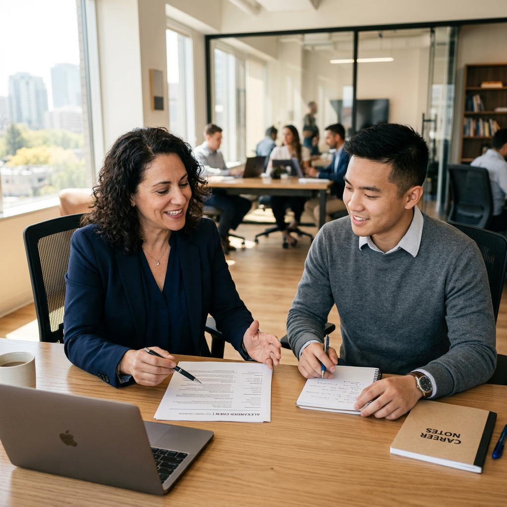 Two colleagues reviewing documents and taking notes at an office table
