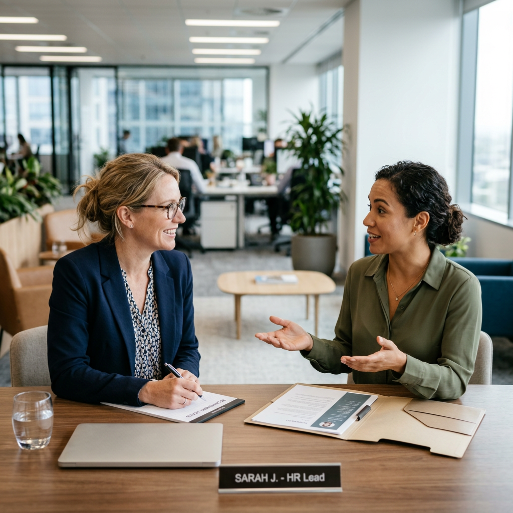 HR lead taking notes while speaking with a colleague at an office table