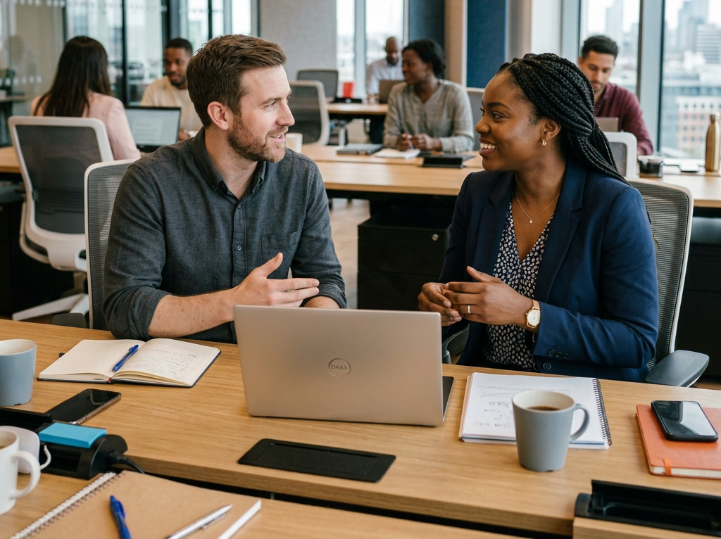 Two colleagues discussing a project beside an open laptop in an office